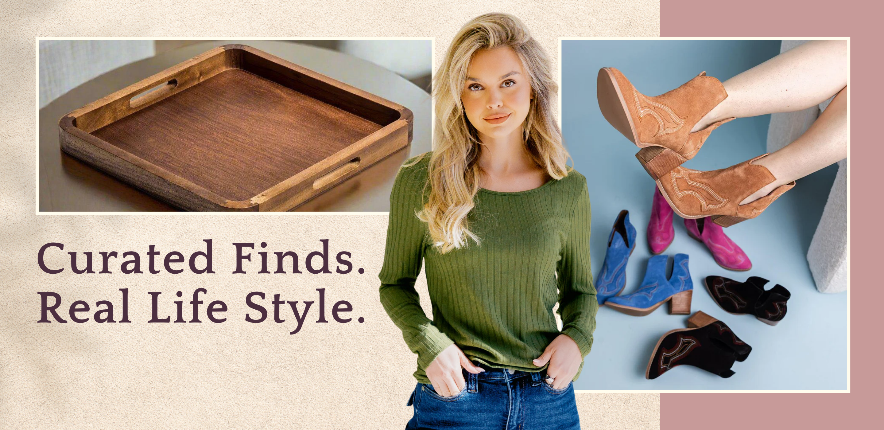 Promotional image with a wooden tray, a woman in a green sweater, and shoes on a light blue background | Curated Finds, Real Life Style | Three Mad Hatters | Jackson, MS
