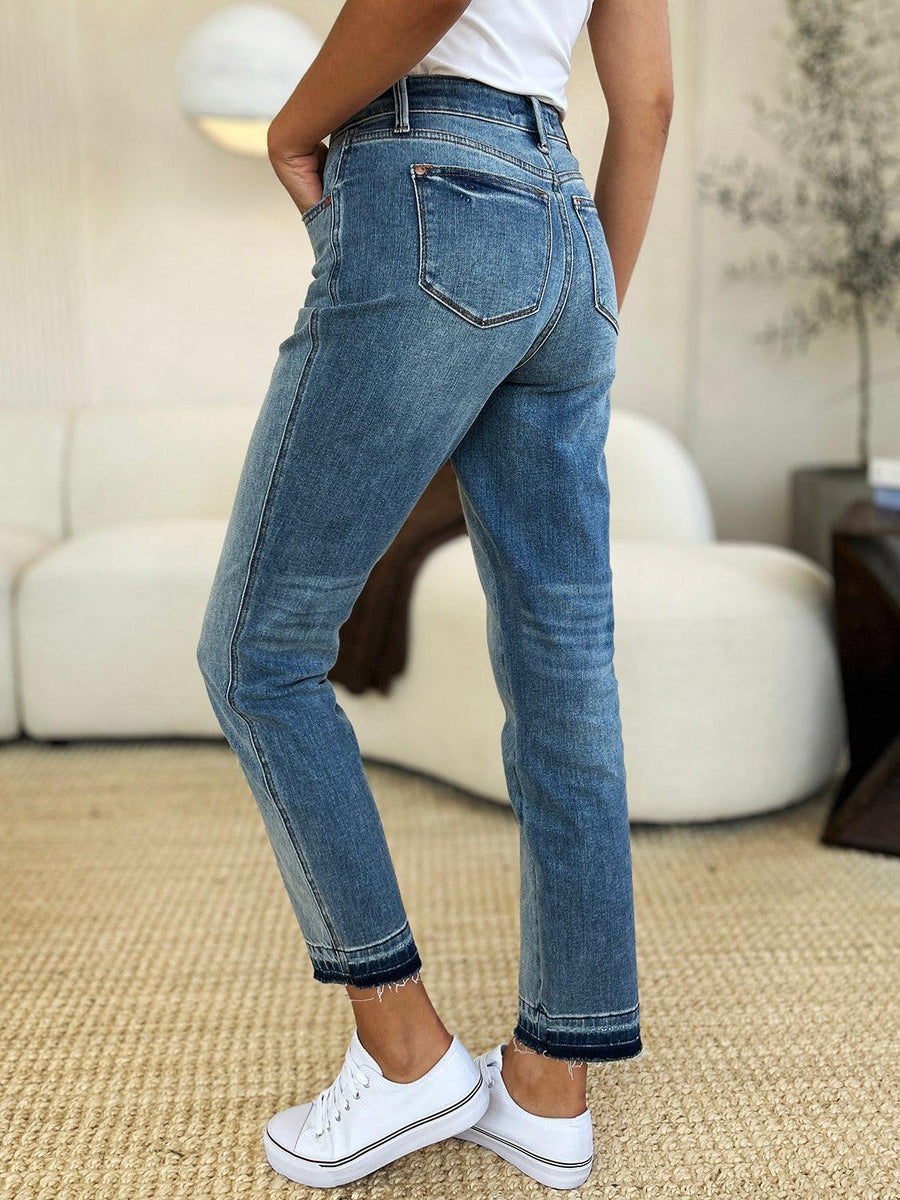 Judy Blue Mid Rise Rigid Magic Release Hem Jeans - Three Mad Hatters Mercantile 
