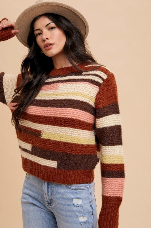 Annie Wear Color Block Round Neck Long Sleeve Sweater Womens Sweater