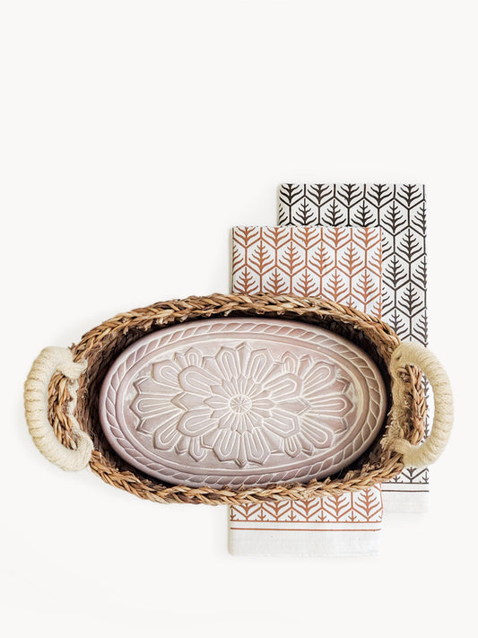 Bread Warmer & Basket Gift Set with Tea Towel - Flower Oval Bread Warmer & Basket, Tea Towel Set   