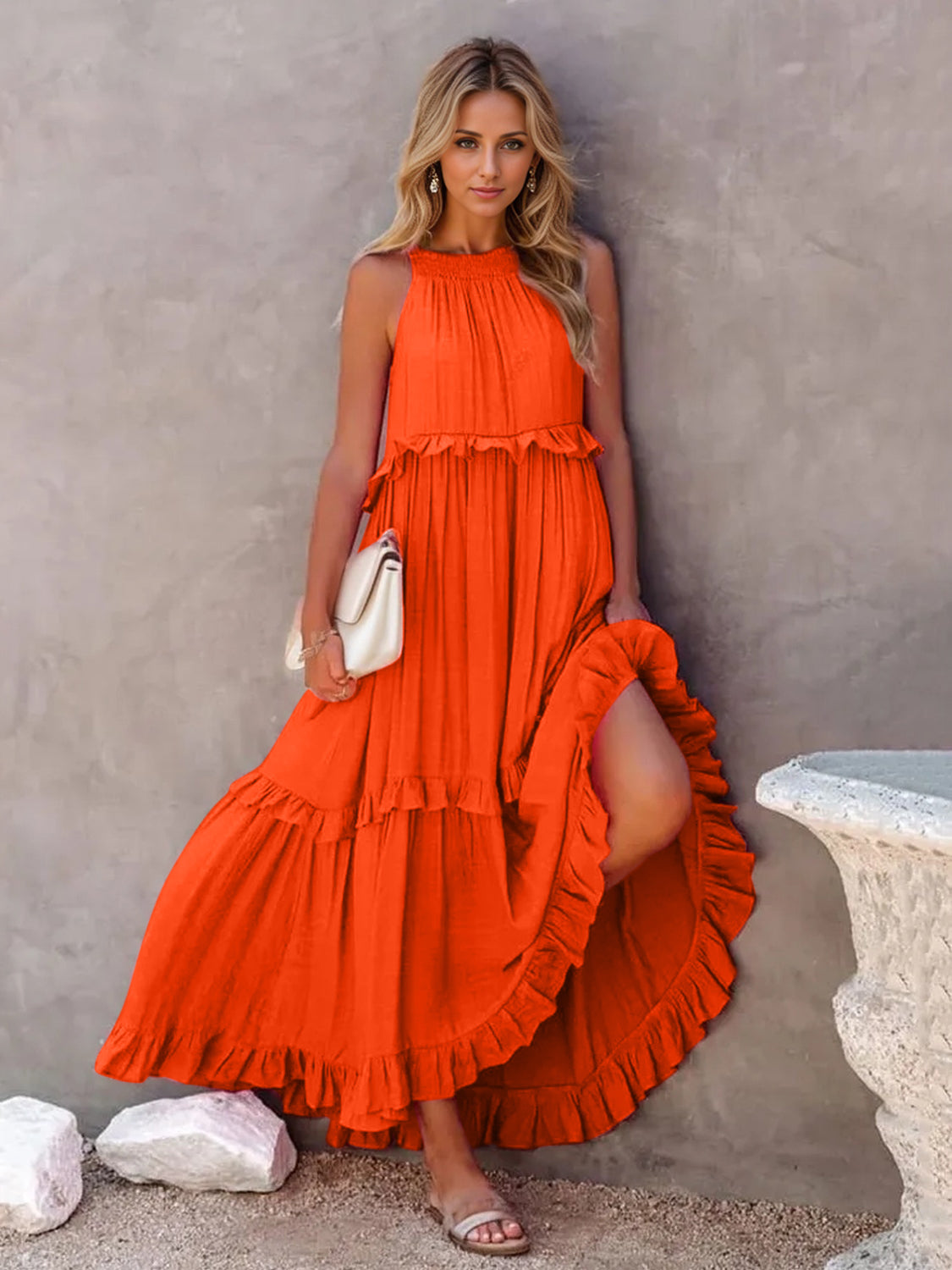 Ruffled Sleeveless Tiered Maxi Dress with Pockets  Orange-Red S 