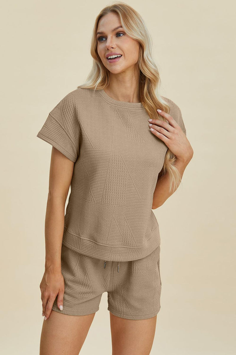 Double Take Full Size Texture Short Sleeve Top and Shorts Set - Three Mad Hatters Mercantile 