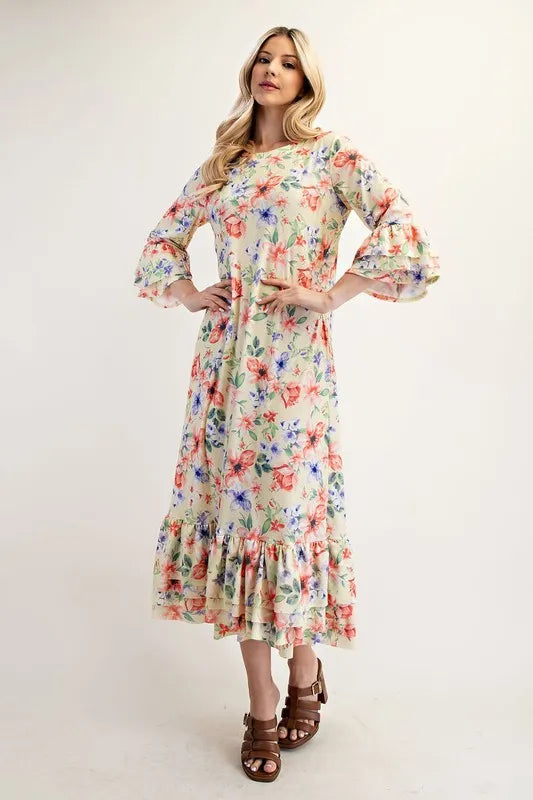 Celeste Soft Floral Ruffle Trim Dress Plus Size Womens Midi Dress