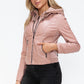 Snobbish Faux Leather Zip Up Drawstring Hooded Jacket Womens Jacket