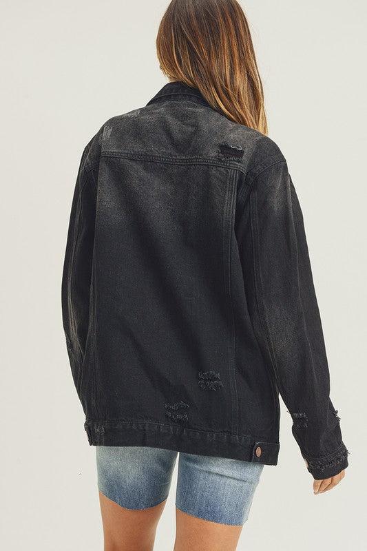 RISEN Distressed Long Sleeve Denim Jacket - Three Mad Hatters Mercantile 