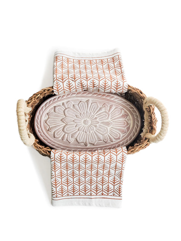 Bread Warmer & Basket Gift Set with Tea Towel - Flower Oval Bread Warmer & Basket, Tea Towel Set   