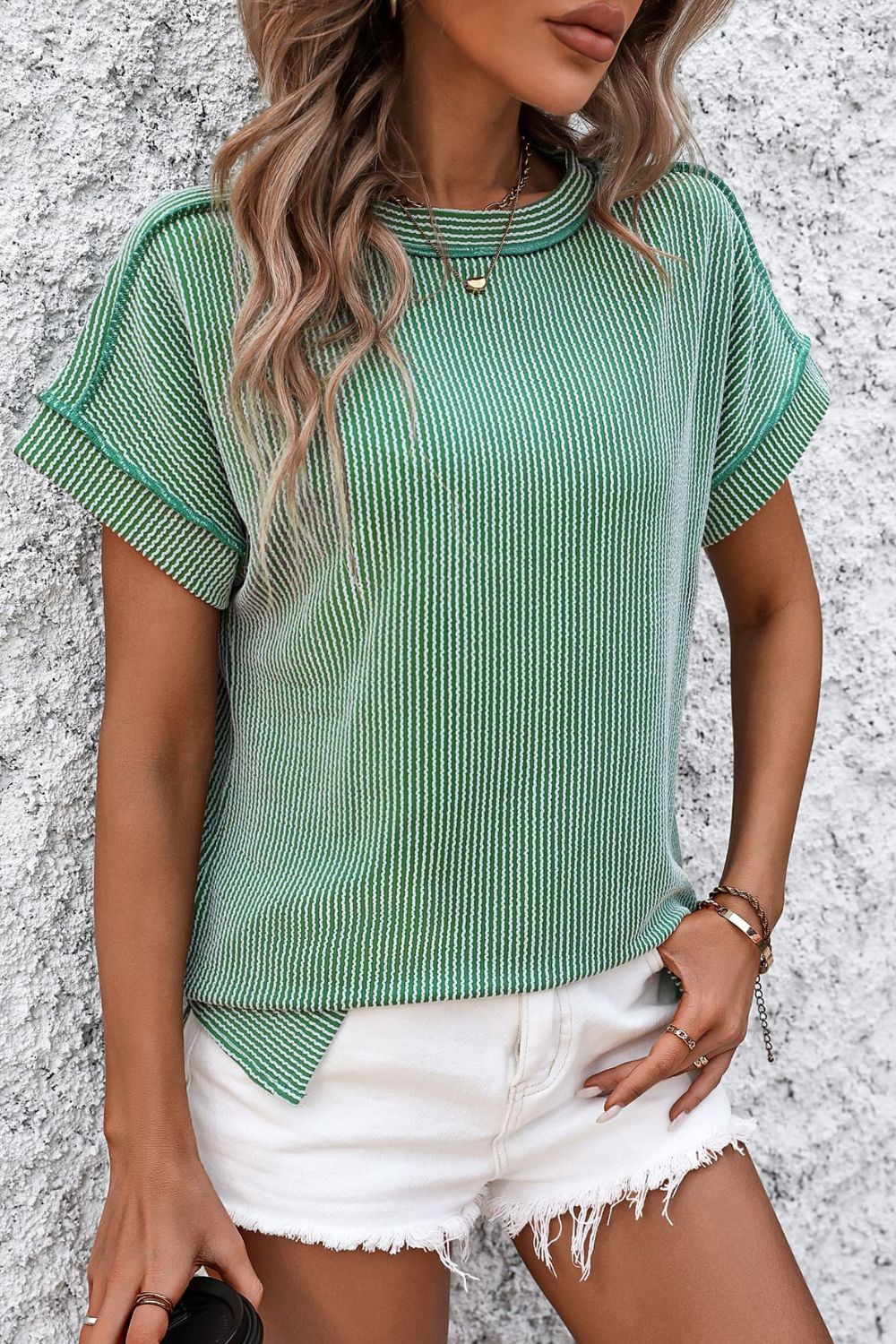 Striped Round Neck Short Sleeve T-Shirt Womens T-shirt Green S 