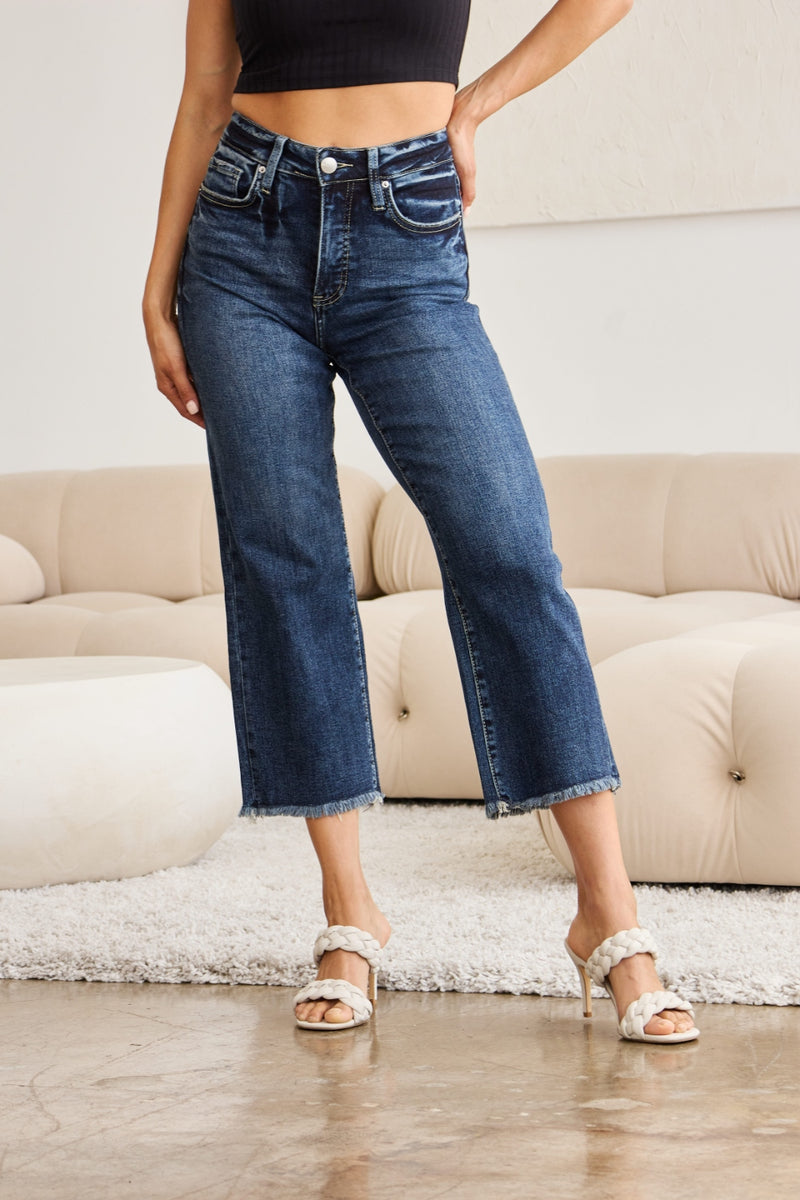 RFM Tummy Control High Waist Raw Hem Jeans Denim   