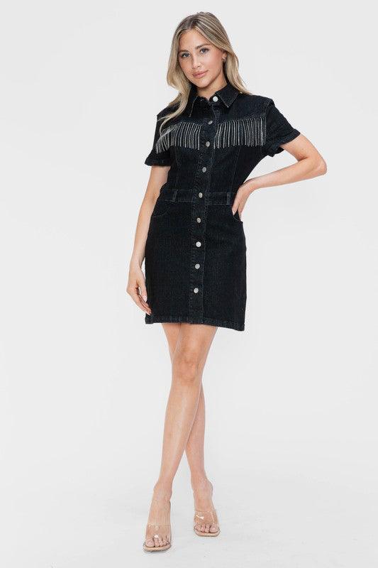 Bytos Embellished Button Down Short Sleeve Denim Dress - Three Mad Hatters Mercantile 