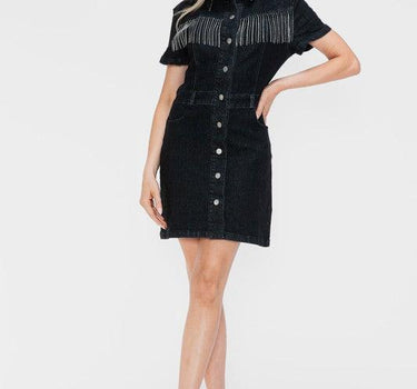 Bytos Embellished Button Down Short Sleeve Denim Dress