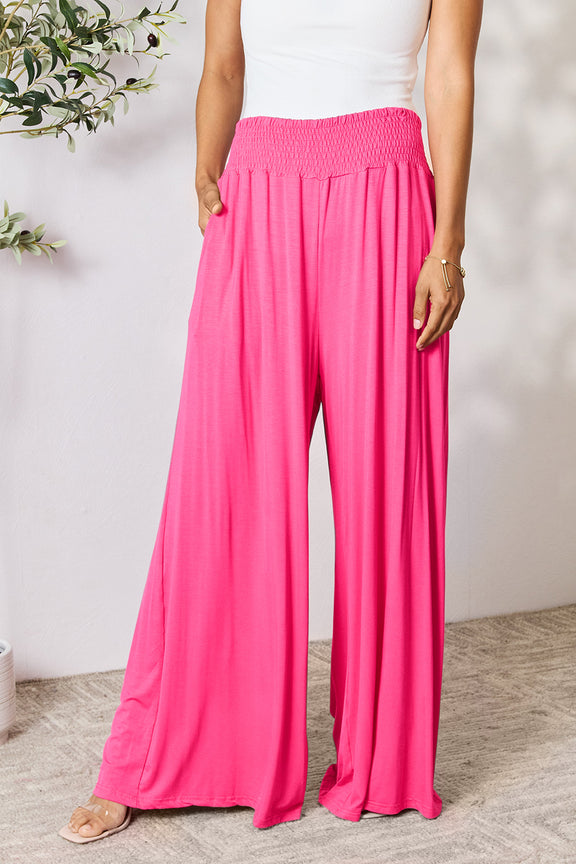 Double Take Full Size Smocked Wide Waistband Wide Leg Pants Womens Lounge Pants Hot Pink S 