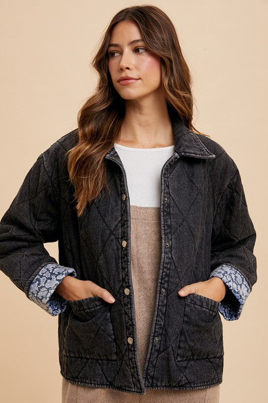 Annie Wear Quilted Printed Lining Snap Down Denim Jacket Quilted Printed Denim Jacket Black S