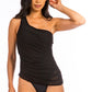 One piece single shoulder solid swimsuit with mesh    