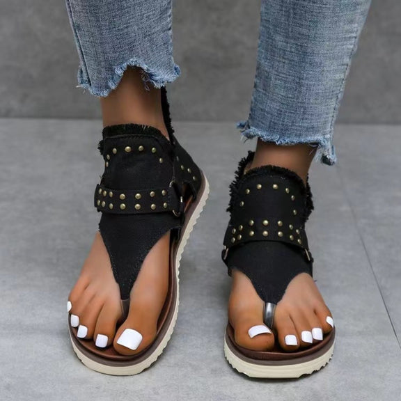 Studded Raw Hem Flat Sandals Womens Sandals Dark 36(US5) 