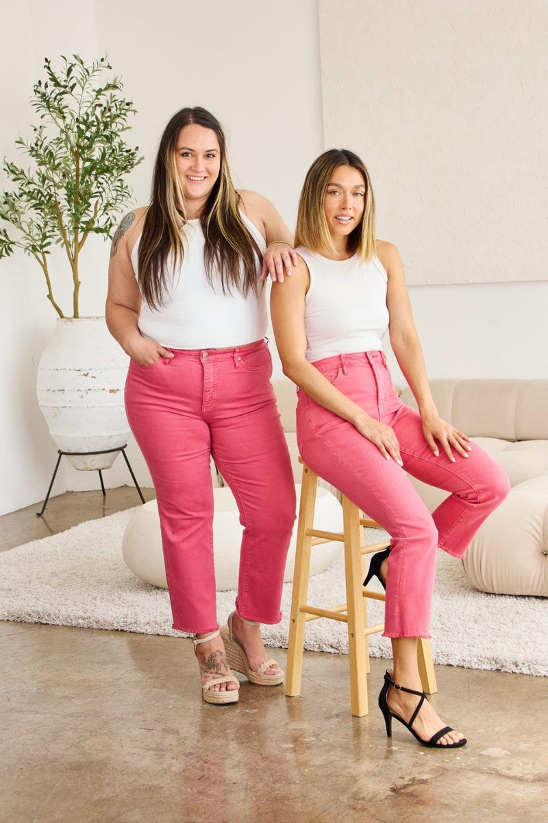 RFM Crop Dylan Tummy Control High Waist Raw Hem Jeans - Three Mad Hatters Mercantile 