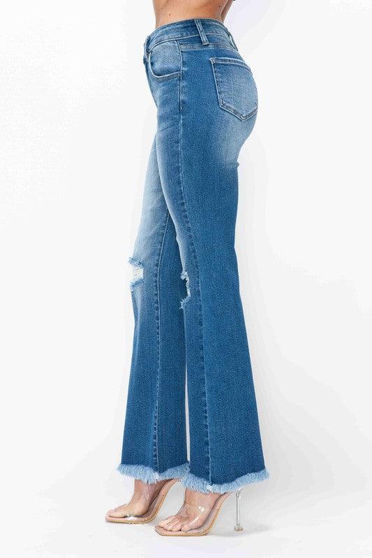 Bytos Raw Hem Distressed High Rise Bootcut Jeans - Three Mad Hatters Mercantile 