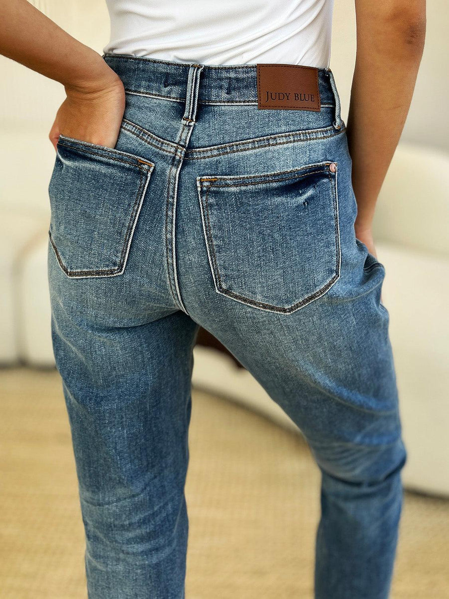 Judy Blue Mid Rise Rigid Magic Release Hem Jeans - Three Mad Hatters Mercantile 