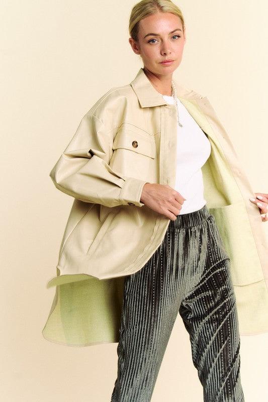 Davi & Dani Faux Leather Button Up Jacket with Chest Pockets - Three Mad Hatters Mercantile 