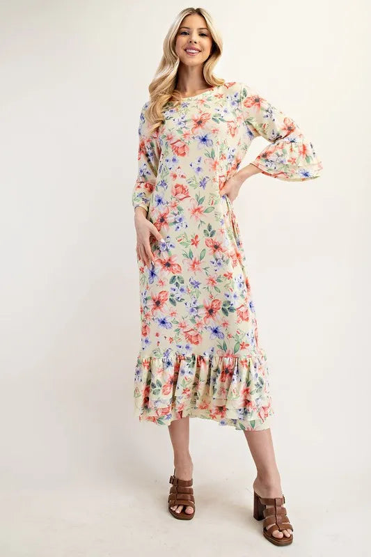Celeste Soft Floral Ruffle Trim Dress Plus Size Womens Midi Dress