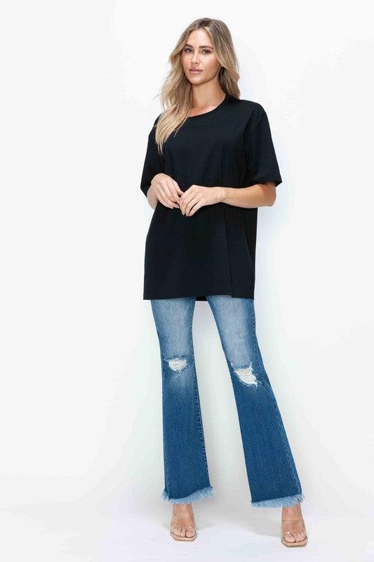 Bytos Raw Hem Distressed High Rise Bootcut Jeans - Three Mad Hatters Mercantile 