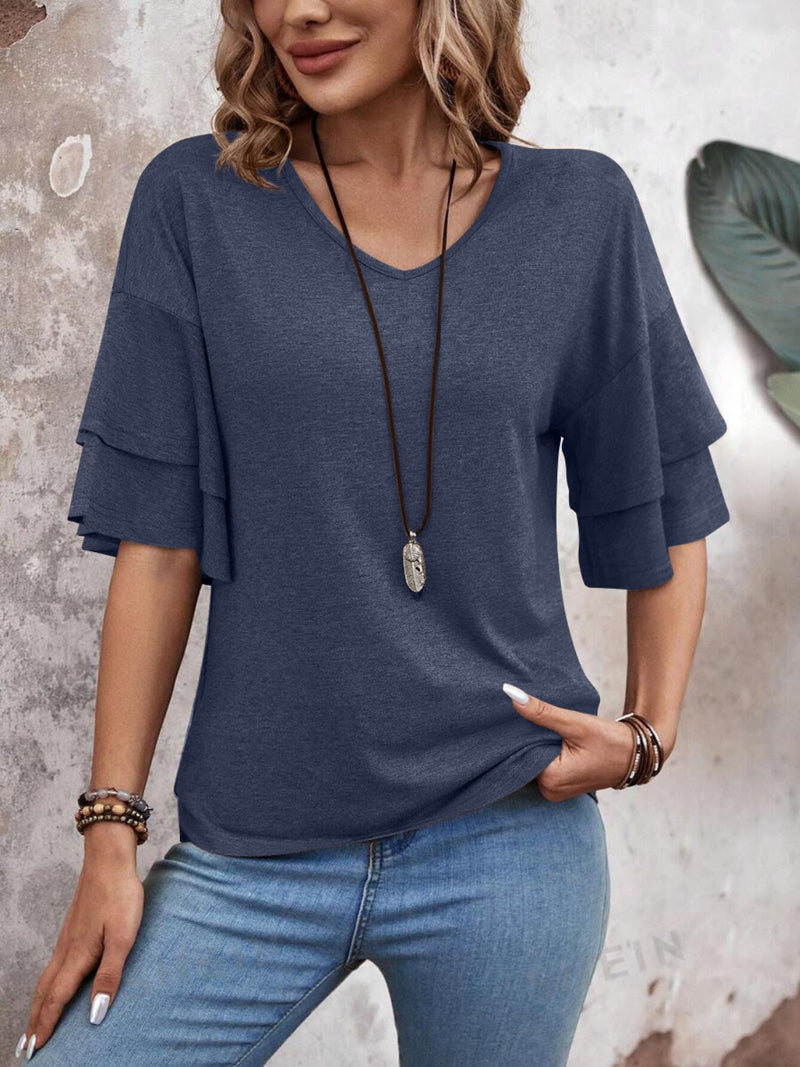 V-Neck Half Sleeve Blouse Womens Tops Indigo S 