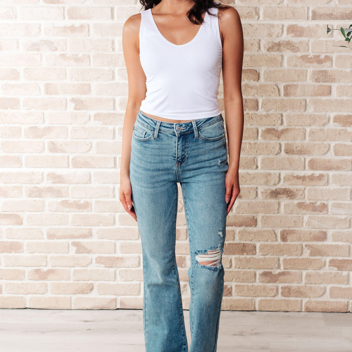 Isla Mid Rise Distressed Released Hem Bootcut Jeans - Three Mad Hatters Mercantile 