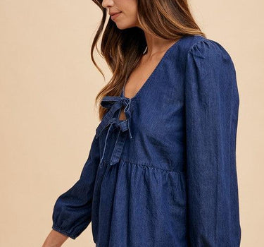 Annie Wear Tie Front Peplum Long Sleeve Denim Top