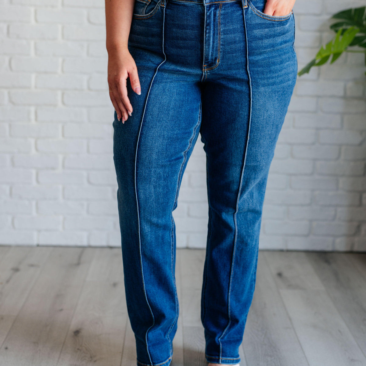 Campbell High Rise Center Seam Detail Straight Jeans - Three Mad Hatters Mercantile 