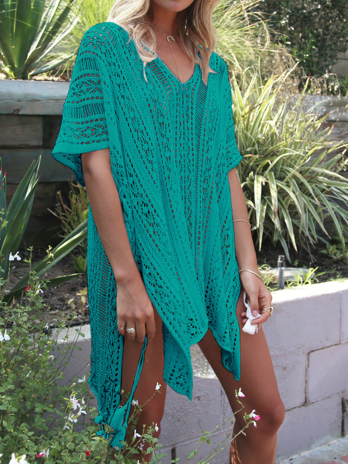 Cutout V-Neck Cover-Up with Tassel  Teal One Size 