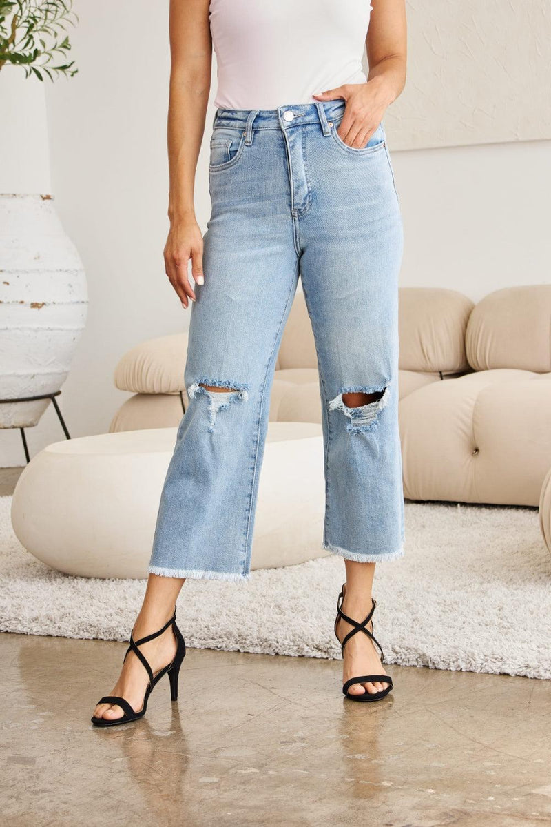 RFM Tummy Control High Waist Raw Hem Distressed Jeans - Three Mad Hatters Mercantile 
