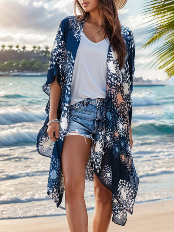 Printed Open Front Cover-Up  Dark Blue One Size 