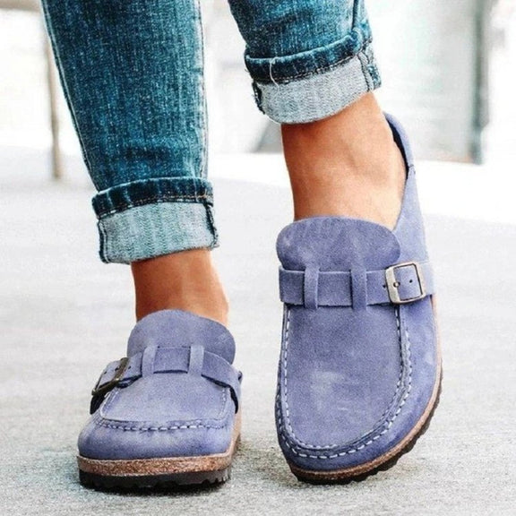 Round Toe Low Heel Buckle Loafers  Blue Purple 35(US4) 