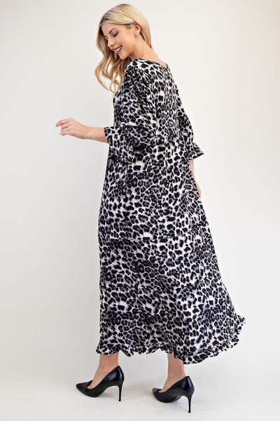 Celeste Full Size Leopard Round Neck Flounce Sleeve Dress Womens Maxi Dress