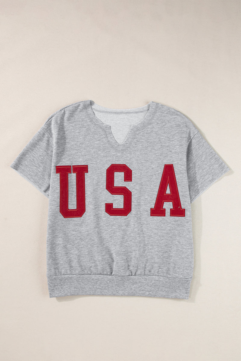 USA Notched Short Sleeve T-Shirt Womens Tops   