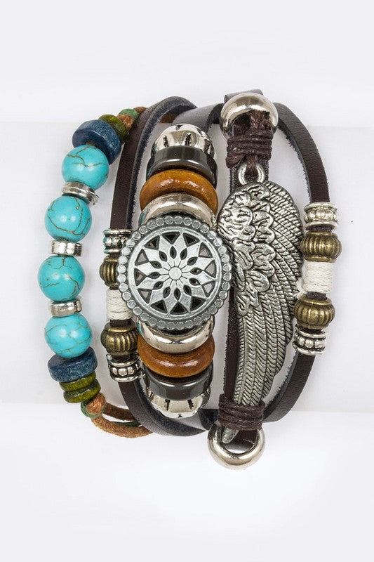 Wing & Beads Mix Leather Bracelet Set  Turquoise 1 