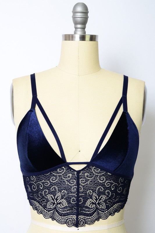 Velvet longline Lace Bralette Bralette Blue Small 