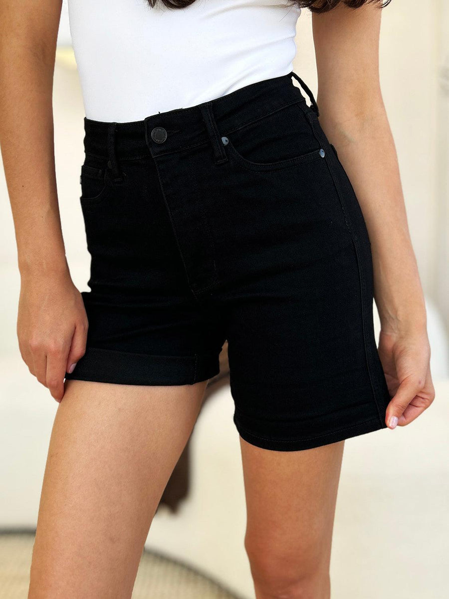Judy Blue Full Size High Waist Tummy Control Cuffed Denim Shorts - Three Mad Hatters Mercantile 