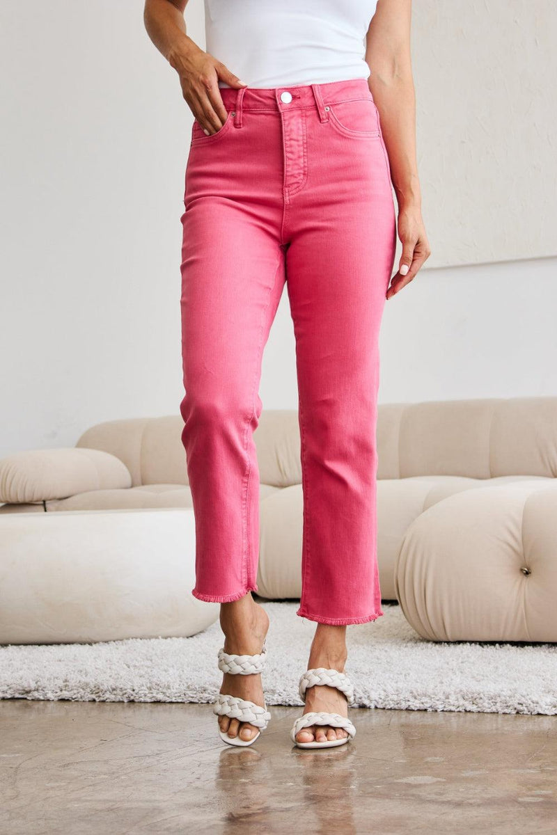RFM Crop Dylan Tummy Control High Waist Raw Hem Jeans - Three Mad Hatters Mercantile 