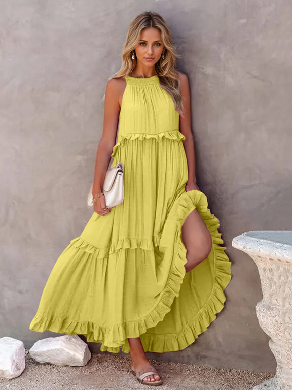 Ruffled Sleeveless Tiered Maxi Dress with Pockets    