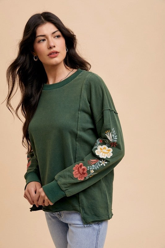 Annie Wear Embroidered Long Sleeve French Terry Top Womens Long Sleeve Tops