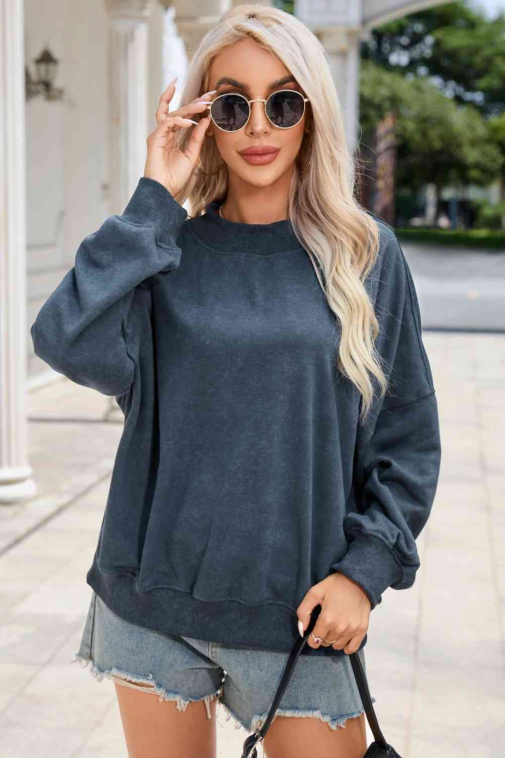 Round Neck Dropped Shoulder Sweatshirt sweatshirt French Blue S 