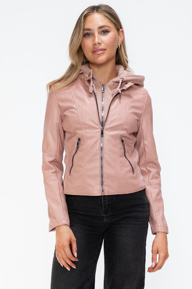 Snobbish Faux Leather Zip Up Drawstring Hooded Jacket - Three Mad Hatters Mercantile 