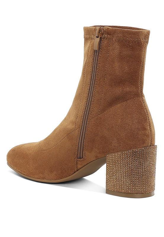 Chena Rhinestones Embellished Block Heel Boots - Three Mad Hatters Mercantile 