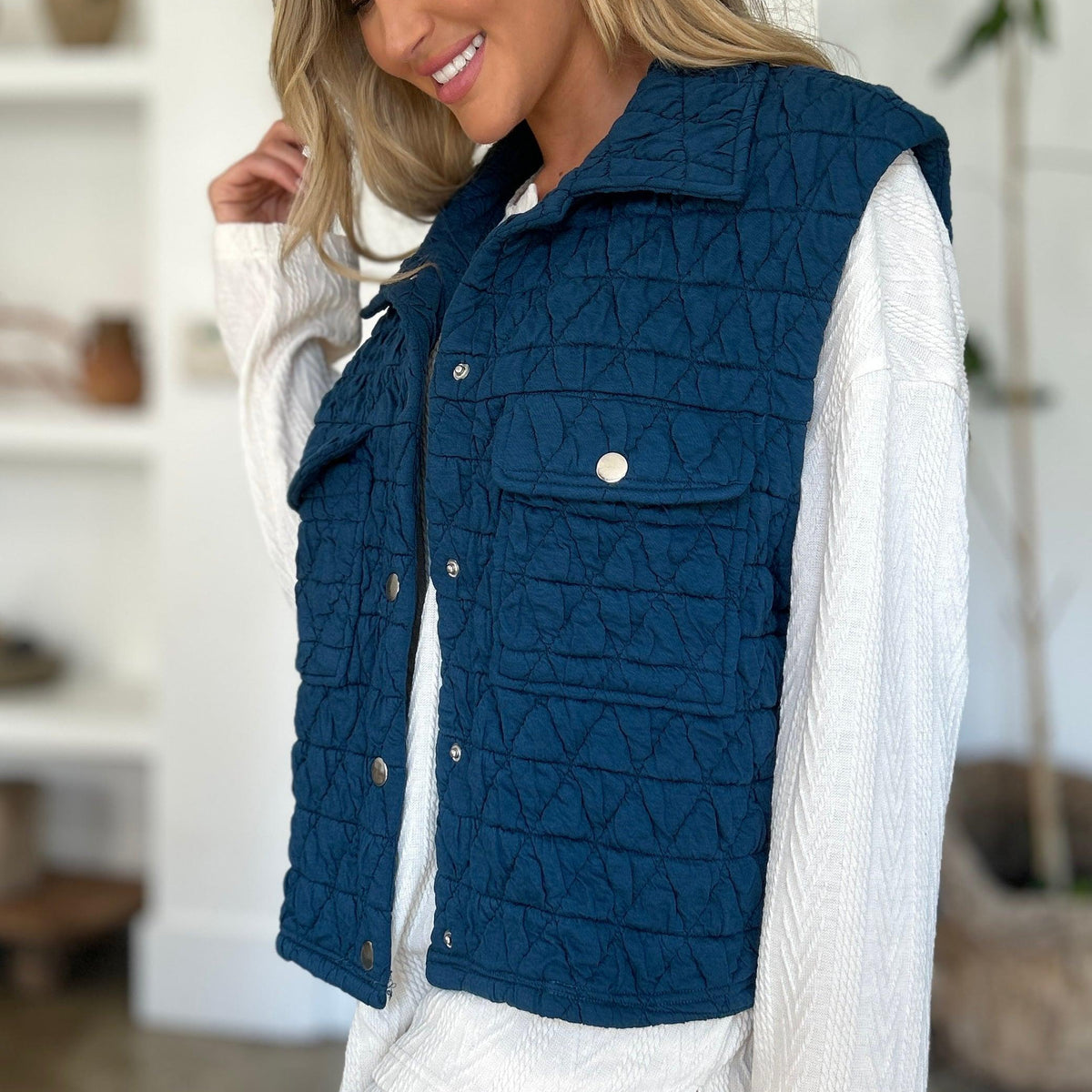 Double Take Pocketed Texture Snap Down Vest - Three Mad Hatters Mercantile 