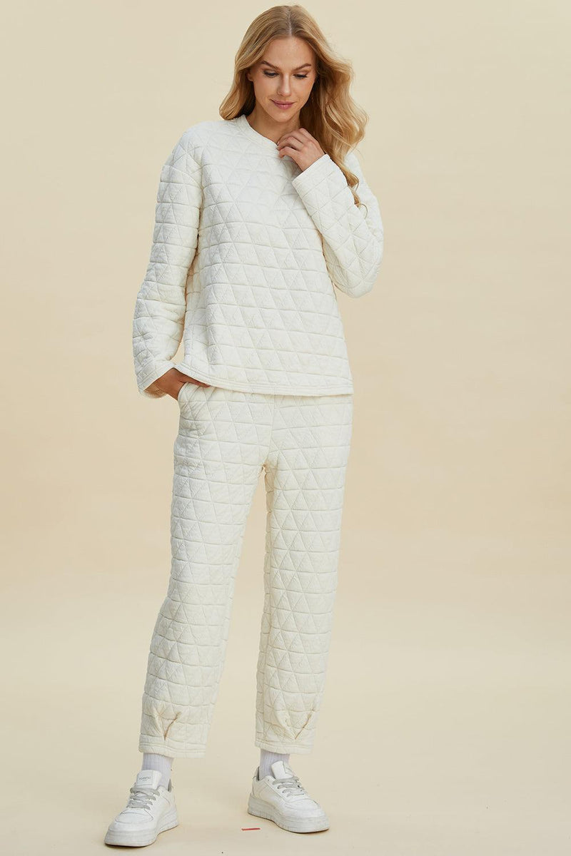 Double Take Textured Long Sleeve Top and Pants Set - Three Mad Hatters Mercantile 