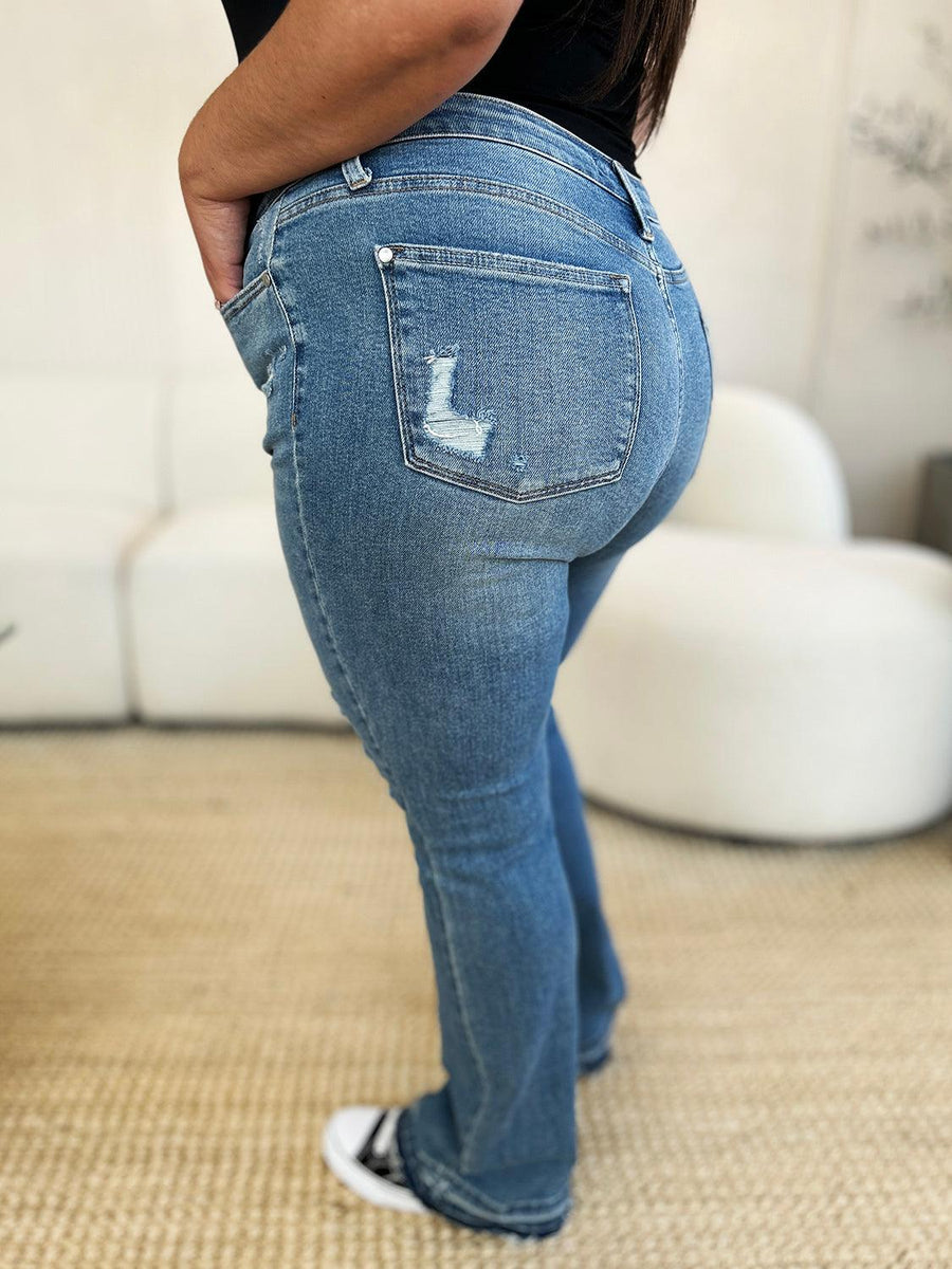 Judy Blue Full Size Mid Rise Destroyed Hem Distressed Jeans - Three Mad Hatters Mercantile 