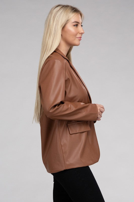 Sleek Pu Leather Blazer with Front Closure Blazer   