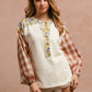 BiBi Floral Notched Plaid Balloon Sleeve Top Womens Long Sleeve Top