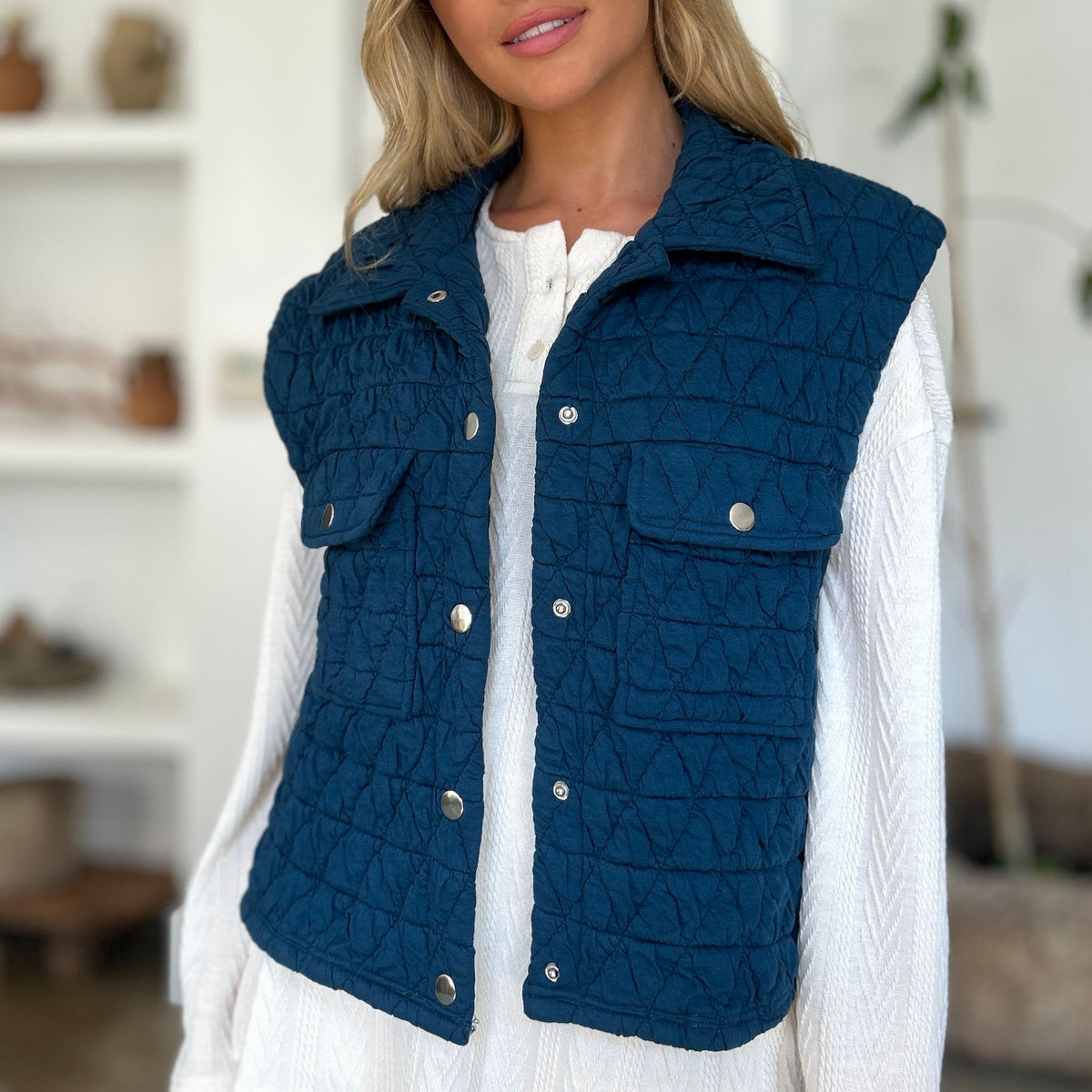 Double Take Pocketed Texture Snap Down Vest - Three Mad Hatters Mercantile 