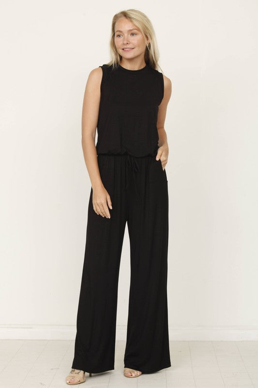 plus solid draw string pocket jumpsuit Jumpsuit Black 2X 